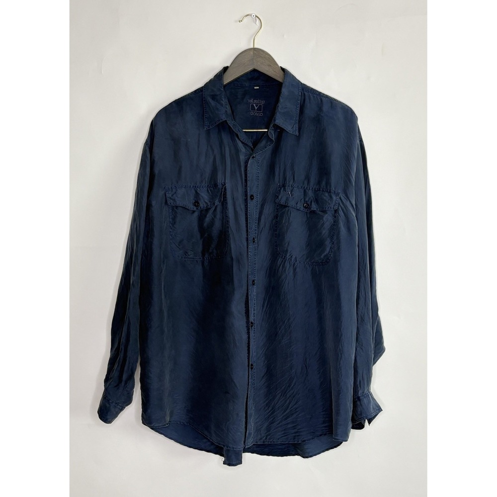 VTG Valentino Uomo 100% Silk Shirt Men Large Made In Italy Navy Blue Long Sleeve